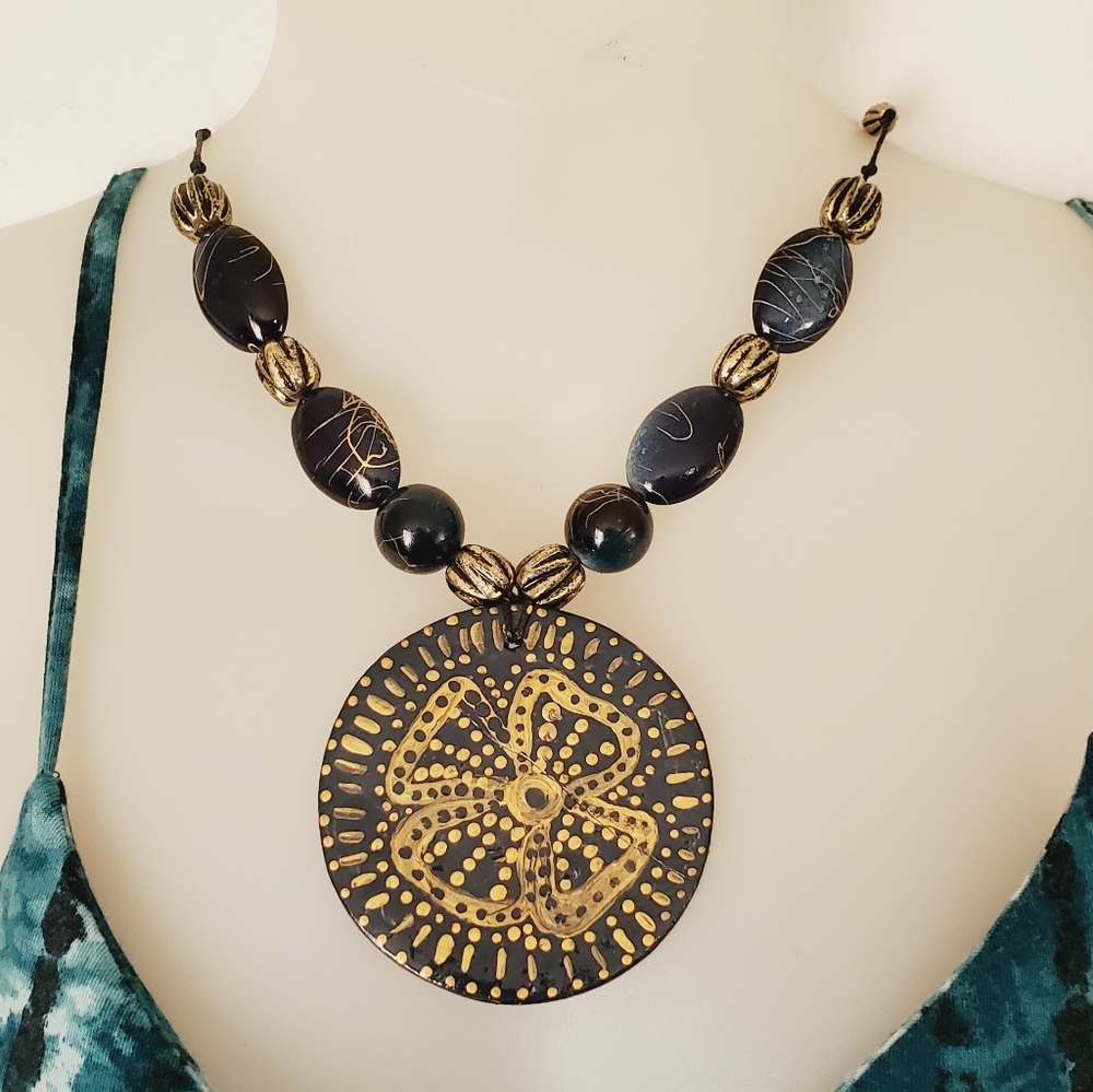 Handcrafted Signed Chunky Blue Wooden Bead Medallion Necklace Gold Tribal